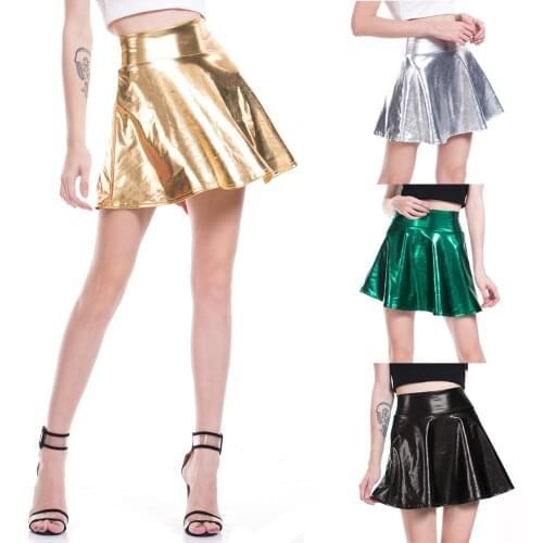 Women High Waist Mini Skirts bright imitation Leather above knee A line Skirts Female Casual Pleated skirt green