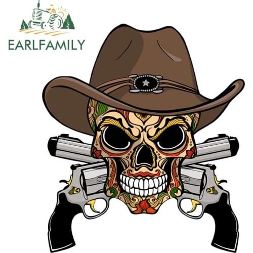 EARLFAMILY 13cm x 11.7cm Halloween Cowboy Skull In A Western Hat Decal Cartoon Car Stickers for Window Bumper JDM SUV RV