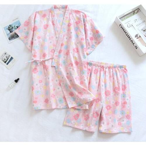 Summer New Japanese Kimono Short-sleeved Shorts Cotton Yarn Sweat Steaming Clothes Cool Home Service Pizama Damska Komplet