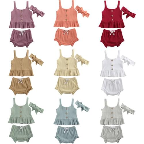 Infant Baby Girl Soild Outfits Strap Button Sleeveless Ruffle Top+Shorts+Headband 3Pcs Summer Clothes Set