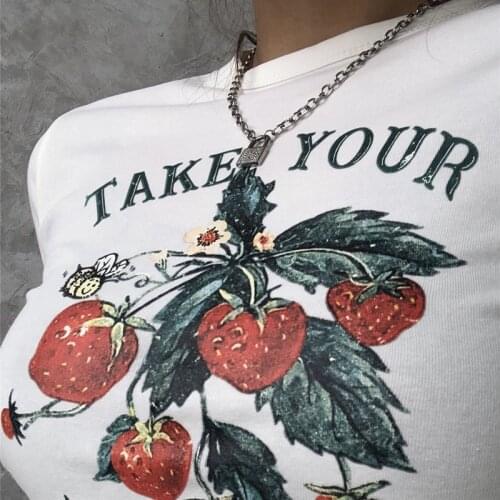 Strawberry Cartoon Print Crop Tops Summer 90s Cute Casual Grunge Harajuku Streetwear Mujer Y2K Slim Letter Vintage Women T-Shirt
