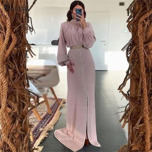 Moroccan Kaftan Formal Evening Dresses Puff Long Sleeves High Neck Front Slit Straight Robe De Soiree Floor Length Prom Gowns