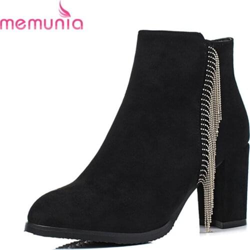 MEMUNIA new 2020 arrival ankle boots solid round toe suede leather boots with fringe thick heels boots sexy womens party shoes