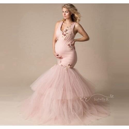 Sweet Nude Pink Flowers Tulle Mermaid Maternity Dress To Photography Pretty Sleeveless 3D Floral Prom Gowns To Wedding Party