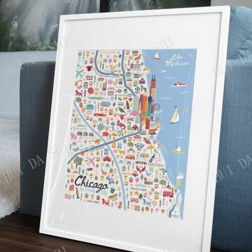 Chicago Wall Art | Map Chicago Illinois | City Map | Art Print | Windy City | Whimsical Illustration | Baby Room | Day Version