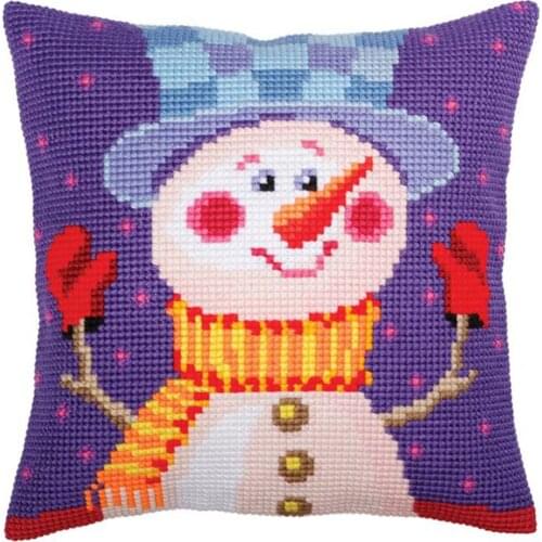 Cross Stitch Cushion Front Cartoon Snowman Needlepoint Kits Printed Canvas Chunky Yarn Cross-stitch Pillow Case Art and Crafts