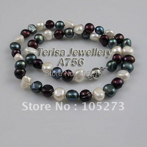 New Free Shipping A756#, AA White Purple Black 8-9MM 18Inch Natural Fresh Water Pearls Necklace Mix Color Fashion Necklace
