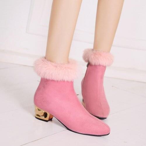 PXELENA Faux Fur Women Ankle Boots 2018 Winter Square Toe Med Heels Elegant Dress Party Office Ladies Short Boots Shoes 34-43