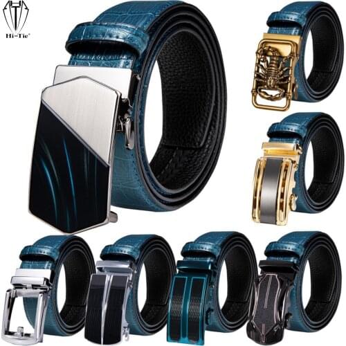 Hi-Tie 50 Pattern Automatic Buckles Mens Belts for Men Belt Blue Real Leather Ratchet Dress Jeans Waist Straps Causal Wedding XL