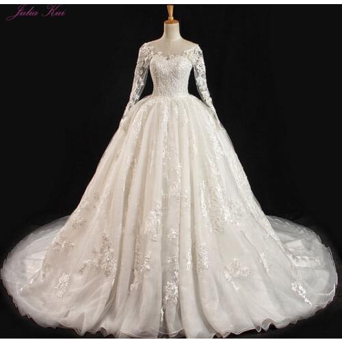 Julia Kui Luxurious Embroidery Tulle Scoop Ball Gown Wedding Dress Beautiful Appliques Beading Pearls Full Sleeve Bride Dresses