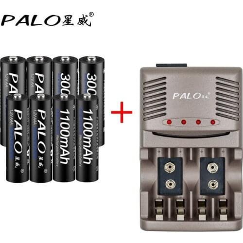 PALO Smart Battery Charger For NI-MH NI-CD AA AA Rechargebale Batteries+4pcs 3000mah AA battery+4pcs 1100mah AAA Battery