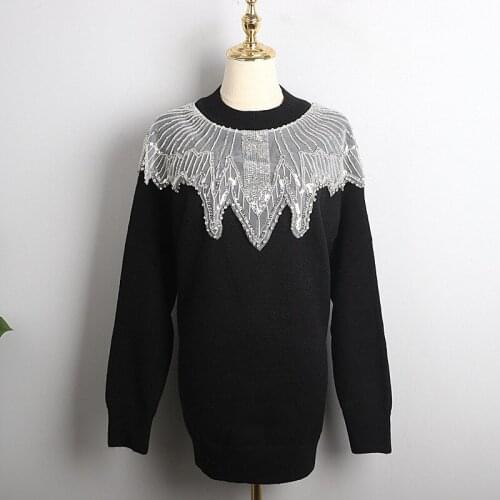 2020 Winter Mid-Length Sweater Women Luxury Diamond Mesh Stitching Loose Casual O-Neck High-Quality Knitted Pullover Sweater
