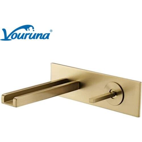 Vouruna Square Brushed Golden Waterfall Basin Faucet Wall Mounted Bathroom Sink Mixer Tap Vessel Wall Basin Spout Set Chrome
