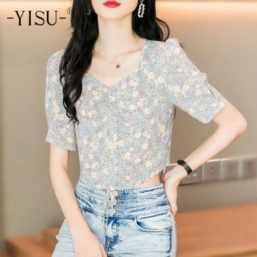 YISU Womens clothing Fashion Short paragraph Floral V-Neck Summer tops Short sleeve Jumper Female Casual Knitted Thin T-shirt