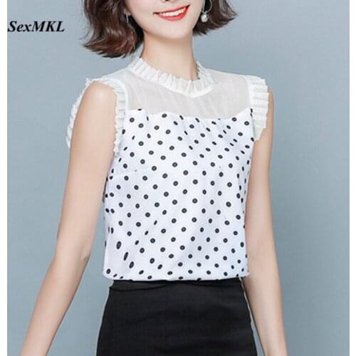Plus Size Summer Blouse Women 2020 Fashion Sleeveless Polka Dot Printed Chiffon Blouses Office White Black Ladies Tops Clothes