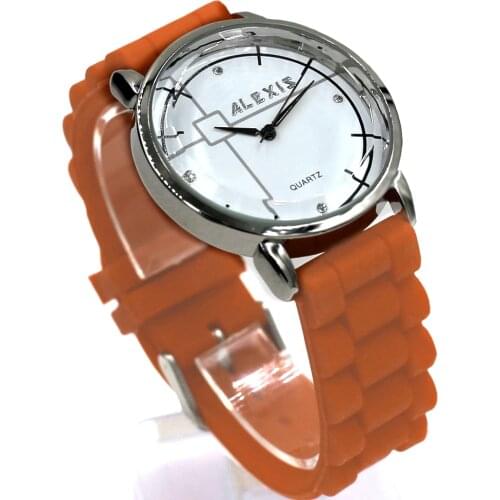 ALEXIS Round Analog Wrist Watches For Ladies Girls White Dial Shiny Silver Watchcase Silicone Jelly Rubber Orange Band FW824J