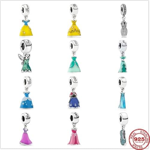 New 925 Sterling Silver Princess Dress Crystal Shoes Charm DIY Fine Beads Fit Original Pandora Charms Bracelet For Women Jewelry