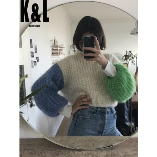 Mohair Long-Sleeved Contrast Sweater Womens Autumn new Pure handmade Color Matching Lantern Sleeve Turtleneck Pullover Sweater
