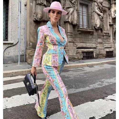 2021 High Quality Autumn Womens New V Neck Full Sleeve Blazer Trumpet Pants Celebrity Fashion Party Set Vintage