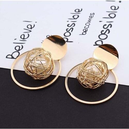 1Pair Gold Round Circle Beads Pendant Fashion Women Drop Dangle Earrings Geometric bohemian earrings statement female jewelry