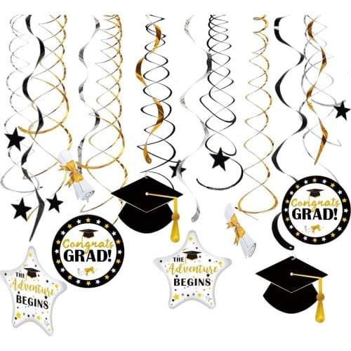 2021 Gold Black Silver Graduation Hanging Swirls Congrats Grad Graduation Cap Stars Classroom for School University Decorations