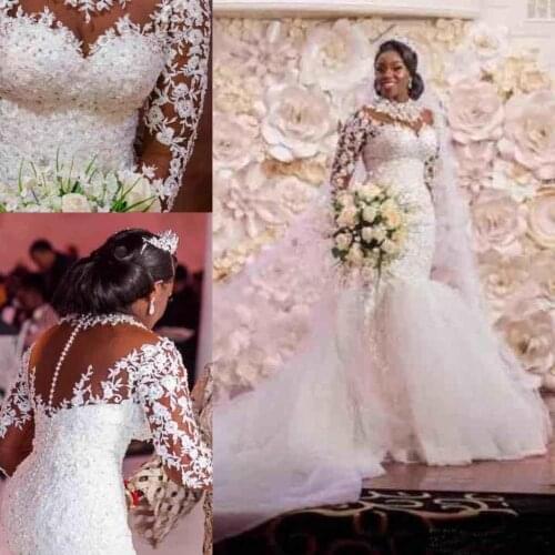 African Mermaid Wedding Dresses High Neck With Illusion Buttons Back Floor Length Long Garden Bridal Gown Plus Size Custom Made