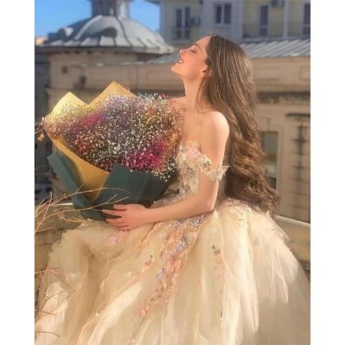 Fairy Ball Gown Princess Prom Dresses Off the Shoulder Sweetheart Floral Appliques Formal Party Dresses Tulle Long Evening Gowns