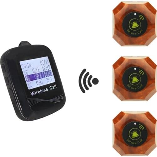 Long Distance Wireless Paging System 1 Watch Receiver + 3 Call Button Transmitter For Restaurant Clinic Cafe Shop Service