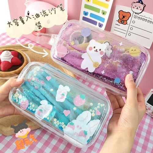 Liquid Flow Quicksand Pencil Case Large Capacity Daisy Cosmetic Bag Cute Girl Storage Bag Transparent Pen Box Student Stationery