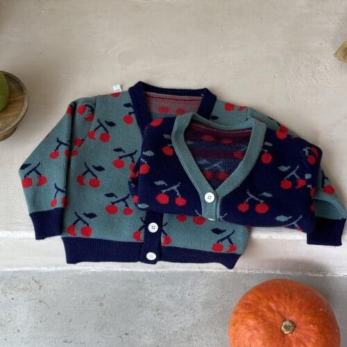 Autumn New Childrens Cherry Cartoon Cute Knitted Sweater Baby Boys Pattern V-neck Single Breasted Princess Coat Kids Cardigan