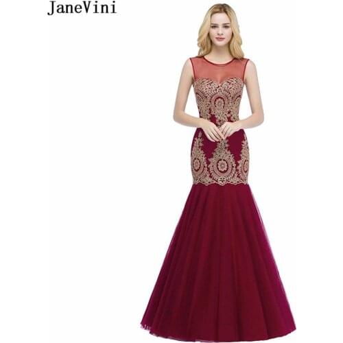 JaneVini Burgundy Long Bridesmaid Dresses with Gold Lace Appliques Formal Party Dress Tulle Navy Black Banquet Gowns Vestaglia