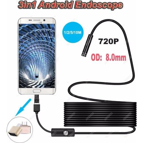 New 3in1 8MM Type-C Android Endoscope Camera 720P HD 1/3/5/7/10M Flexible Cable Snake Inspection Borescope Tube For PC Phone