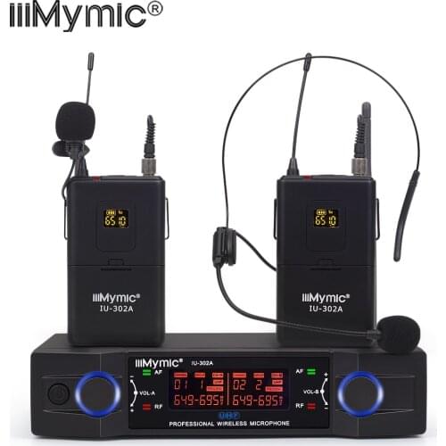 IU-302A UHF Dual Channel 2 Lapel 2 Headset Mic Transmitter Professional Karaoke Wireless Microphone System with Display Screen
