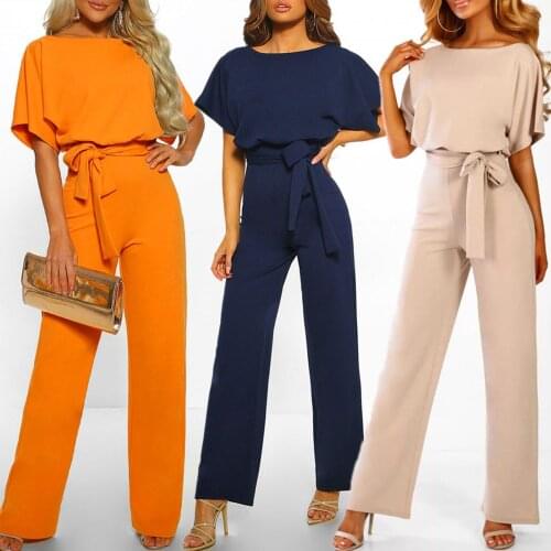 Elegant Jumpsuits Women Short Sleeve Playsuit Clubwear Straight Leg Jumpsuit Womens With Belt Office Lady Bodysuit Комбинезоны