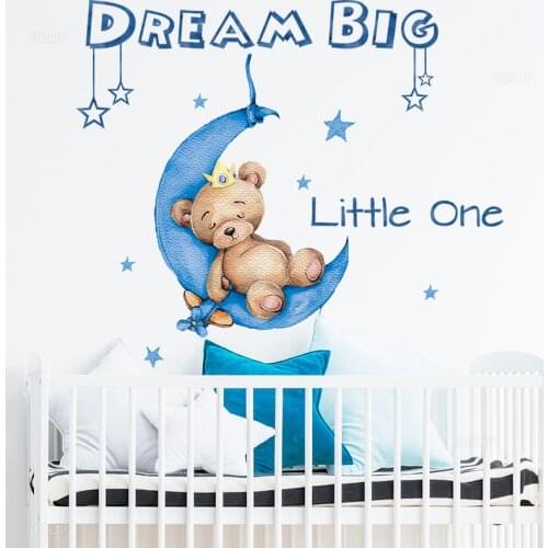 Cute Boy Bear with Crown Sleeping on the Moon Wall Stickers for Kids Room BABY Boy Nursery Decorative Stickers Bedroom Decor