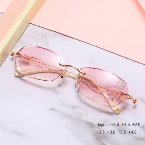 Diamond Cutting Reading Eyeglasses Alloy Rimless Women Pink Gradient Reading Glasses Woman Rhinestone Metal Anti Blue +3.0