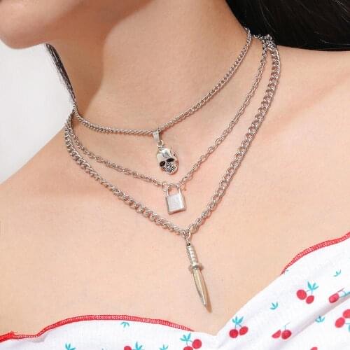 HI MAN European Mixed Fashion Skull Lock Dagger Pendant Multi-layer Necklace For Women Punk Hip Hop Vintage Party Jewelry Gift