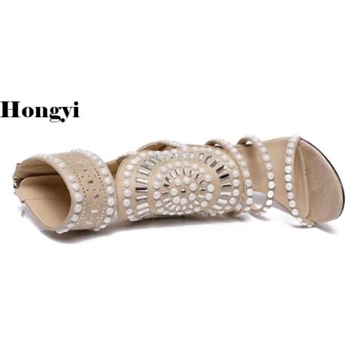 High Heel Crystal Sandals shoes woman summer seabeach sandals chaussure women pearls chain shoe zip back zapatos mujer
