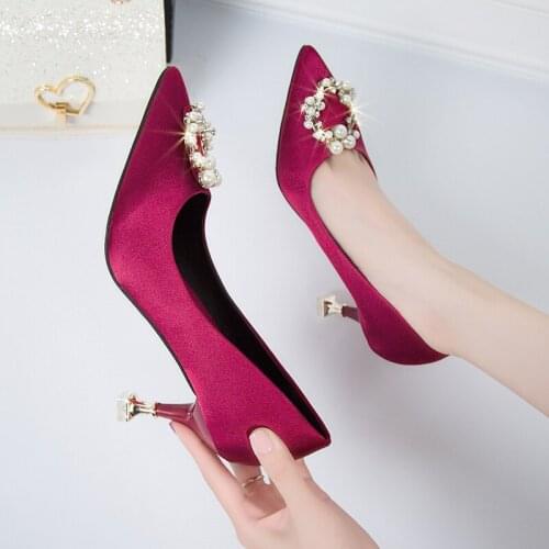 Wedding Shoes Women High Heels Dress Shoes Pearl Pumps Rhinestone Bridal Shoes Chunky Heels Ladies Shoes zapatos mujer W32-53