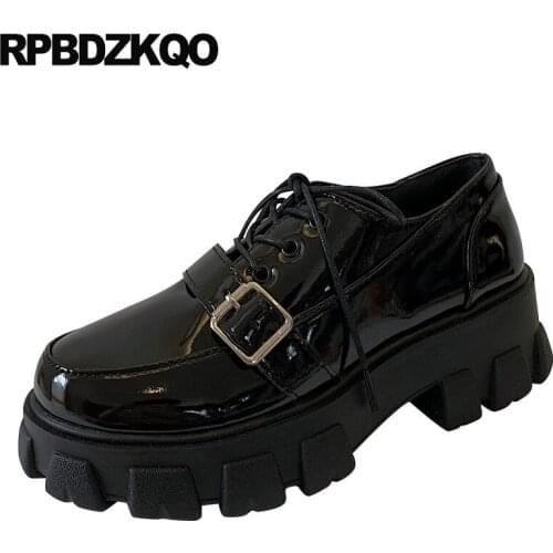 Patent leather black designer women china cheap shallow elevator lace up creepers platform shoes muffin round toe thick sole