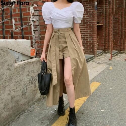 Sister Fara New Summer Solid Belted Split Hem Skirts Women High Waist Flared Asymmetrical Office Lady A-LINE Ankle-Length Skirt