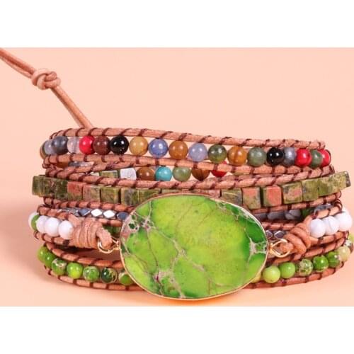 Women Leather Bracelet Unique Mixed Natural Stones Gilded Stone Charm 5 Strands Wrap Bracelets Handmade Boho Bracelet Dropship