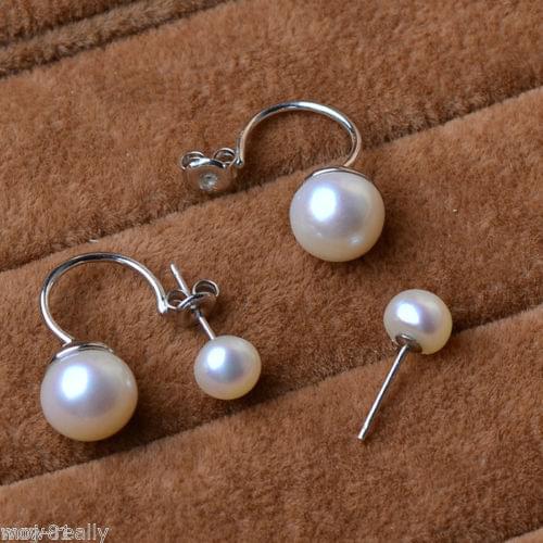 Fashion Womens Stud Earrings Sterling Silver Double White Freshwater Pearl