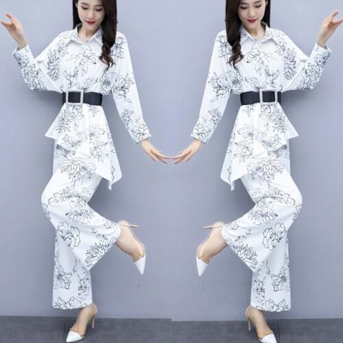 WomenS Trouser Suit Female For Autumn Spring Elegant Fashion Wide Leg Pants & Irregular Hem Print Top Pantsuits 2 Piece Set