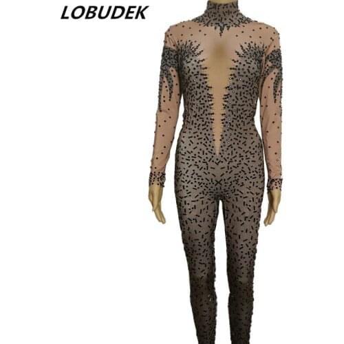 Women Crystals Stretch Leotard Sexy Jumpsuit Female DJ Singer Nightclub Pole dancing Costume Party Catwalk Catwalk Stage Outfit