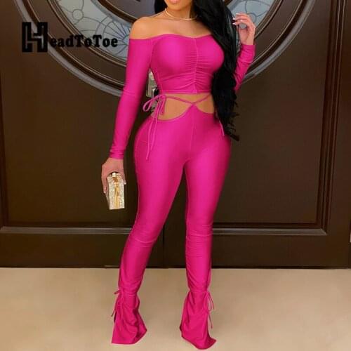 Solid Hallow Out Lace Up Sexy Fashion Two Piece Outfits Woman Full Sleeve Slash Neck Slim 2 Piece Set Women