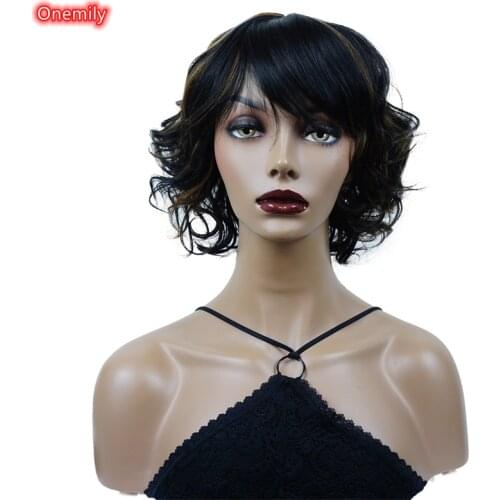 Onemily 10 Inches Black Auburn Mixed Short Wavy Womens Synthetic Wig for Daily Wear