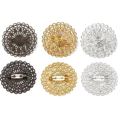 5pcs/lot Brooch Pin Clip Base 38mm Round Hollow Out Brass Filigree Flowers Disc Brooch Buckle for Jewelry Making DIY Accessories