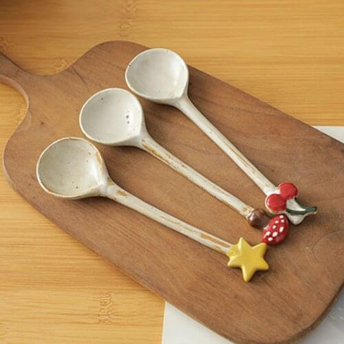 Handmade Clay Long Handle Soup Spoon посуда для кухни Ceramic Porridge Spoons Lovely Cherry Mushroom Cartoon Creative Tableware