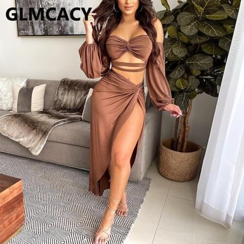 Long Sleeve Off Shoulder Slit Party Club Dress